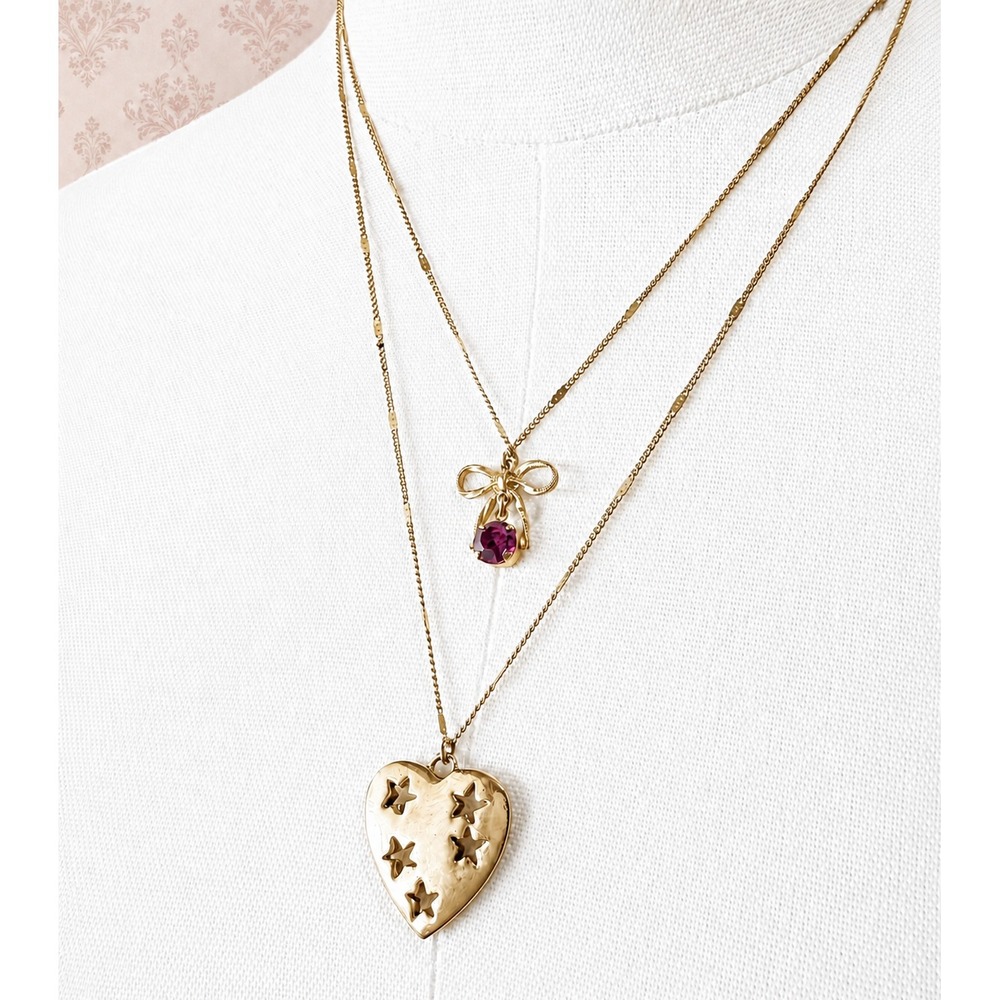 Vintage Betsey Johnson Whimsical Layered Necklace Pink Rhinestone Bow Star Heart - Picture 2 of 4